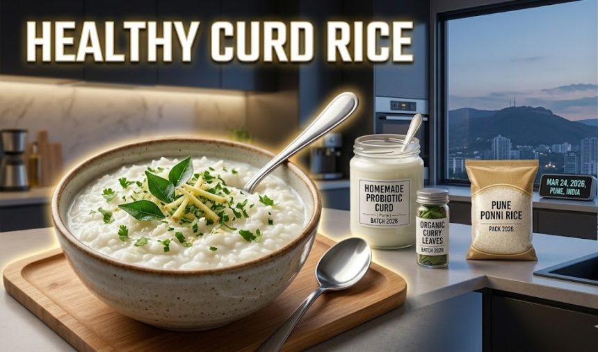 A creamy bowl of tempered curd rice garnished with bright pomegranate seeds and fresh curry leaves