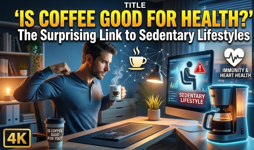 A fresh cup of black coffee on a desk next to a laptop, representing the balance of work and health.