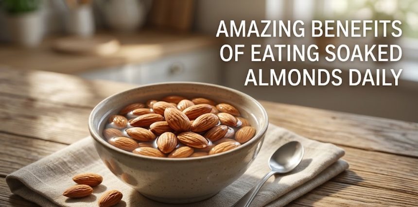A small wooden bowl filled with freshly peeled, soaked almonds ready to be eaten for a healthy morning snack.
